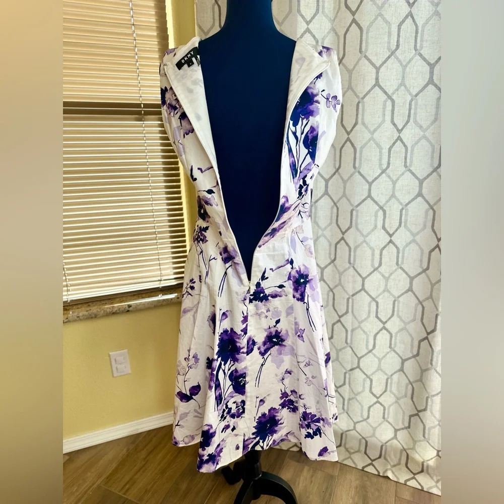 EUC DKNY White & Purple Floral Handkerchief Hem Fit-&-Flare Dress - Picture 12 of 16